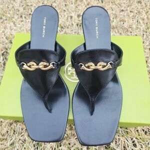 Tory Burch Black Sandals with Gold Chain Detail